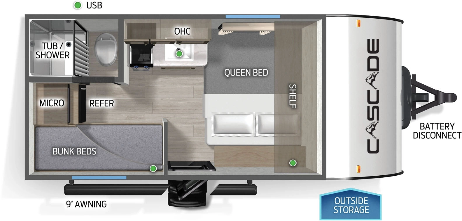 The Cascade 14BHLPC floorplan has one entry and zero slide outs. Exterior features include: metal exterior and 9' awning. Interiors features include: bunk beds and front bedroom.